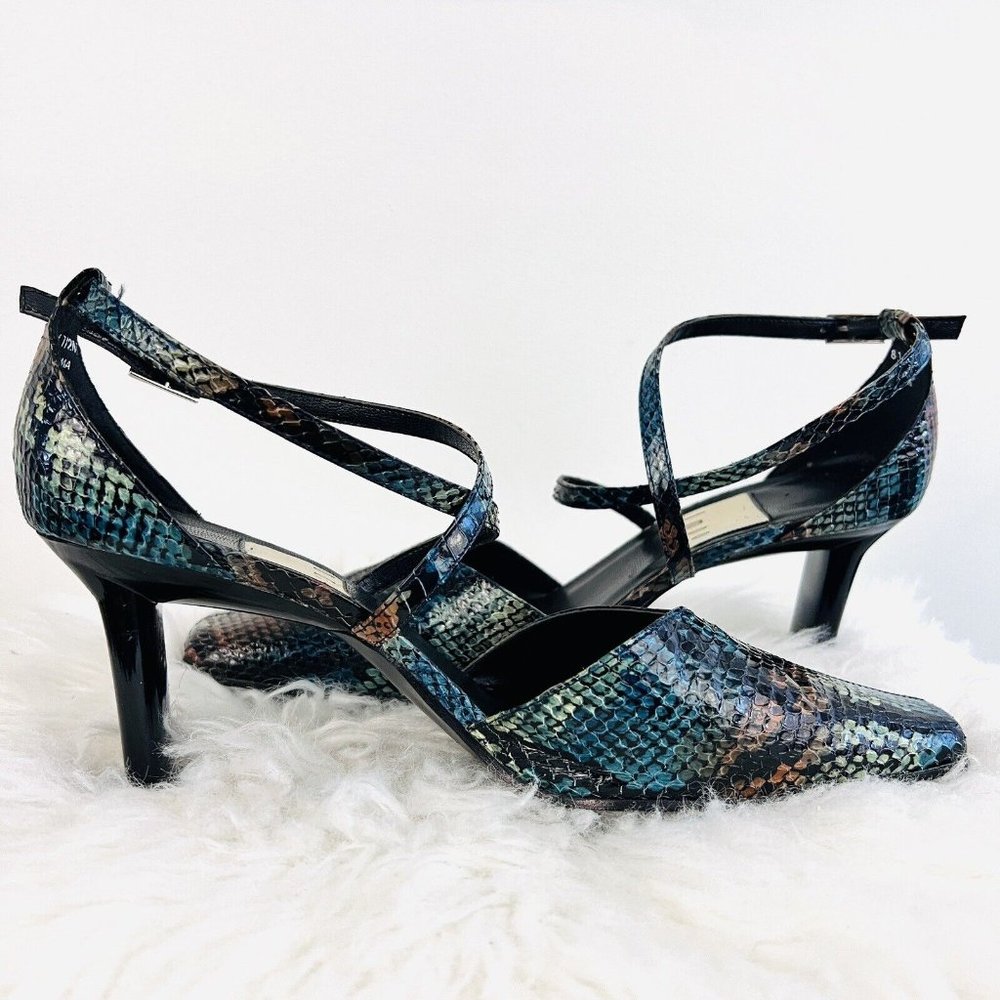 Impo Blue-Green Snake Print Strappy Mid-Heel Pumps